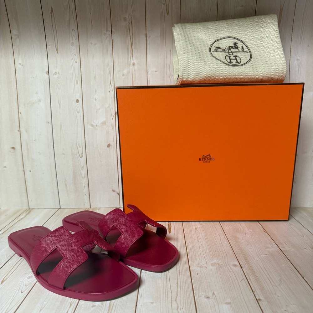 Hermes Oran Epsom Leather Slide Sandals Rose Magenta Sz 36.5 / 6.5